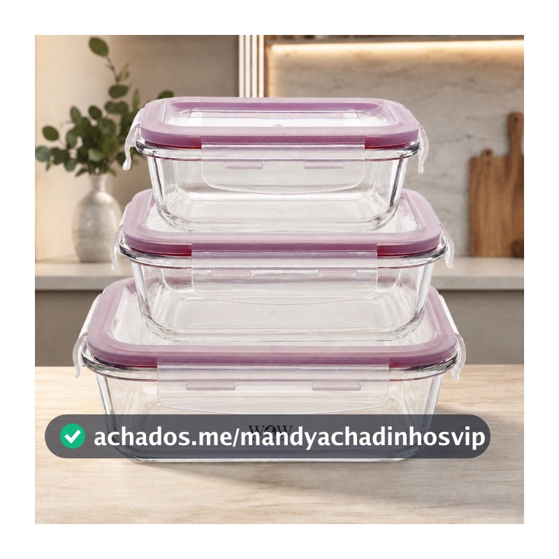 Kit 3 Potes De Vidro Herméticos com Trava para Alimentos Refratário