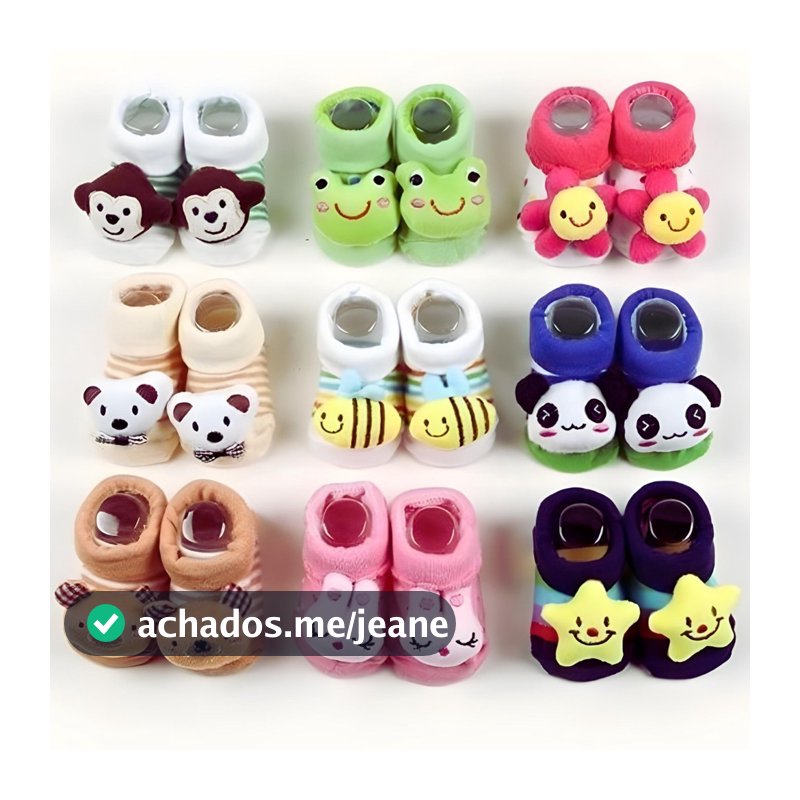 Kit com 10 Pares de Meia Bebê Infantil Menino e Menina com Bichinhos e Chocalho Sapatinhos