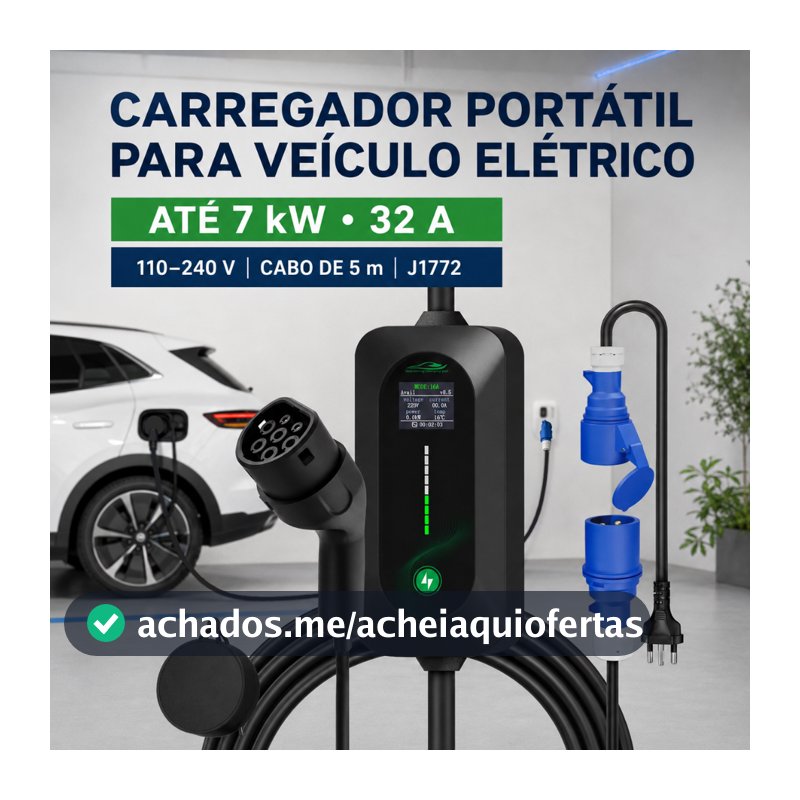 Carregador Carro Elétrico 7kW Tipo 2 com 4 Modos de Corrente (8-32A) – IP55 e Cabo 5m Bivolt