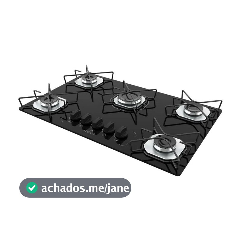 Fogão Cooktop Fogatti à Gás FGT 5 Bocas Vidro Preto Flange Inox Bivolt - Acendimento Automático