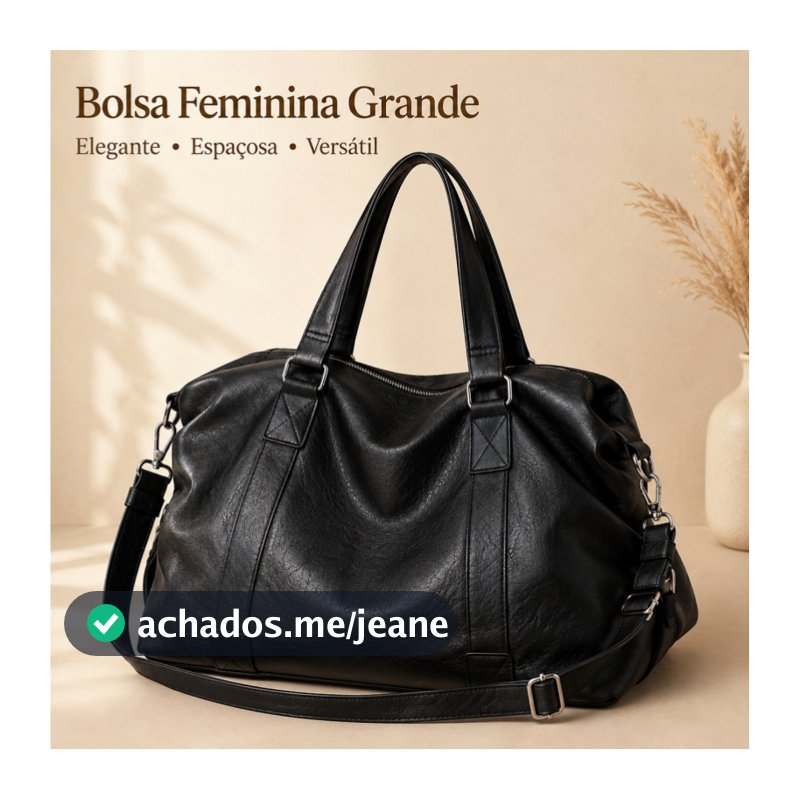 Bolsa Feminina Grande em Couro PU Preta de Ombro e Transversal Espaçosa Casual para Trabalho e Dia a Dia