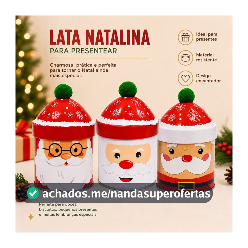 Lata De Natal Decorativa Redonda Com Tampa Pompom Papai Noel