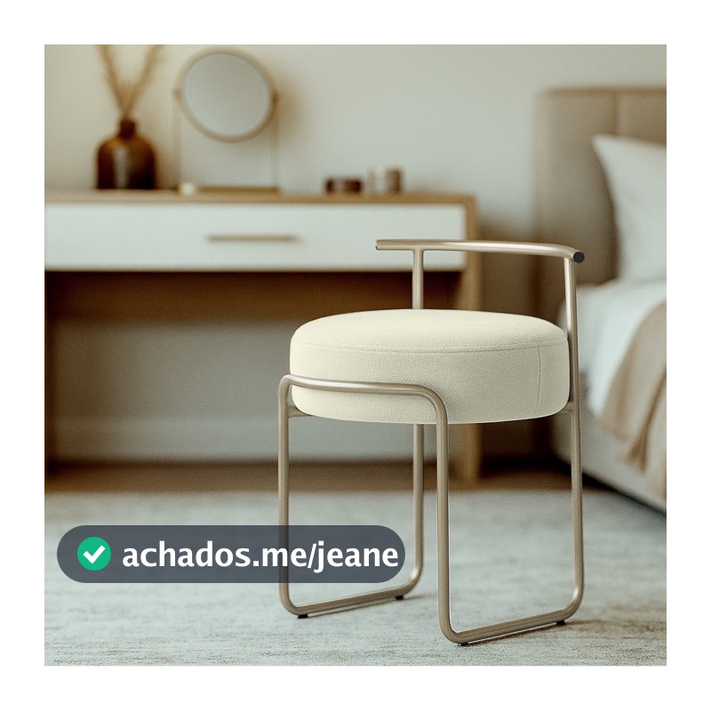 Puff Sala Redondo Evans Base Metal Champagne Tecido Boucle Cores