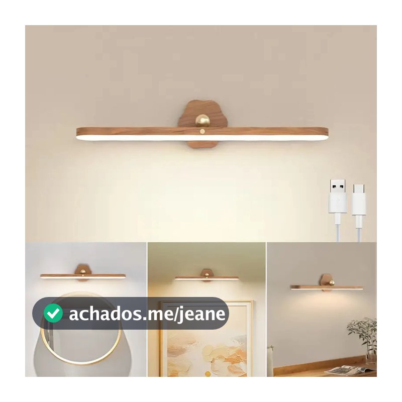Lâmpada de Parede LED com Design de Madeira Sólida Imitação, Rotativa 360° Magnética Recarregável
