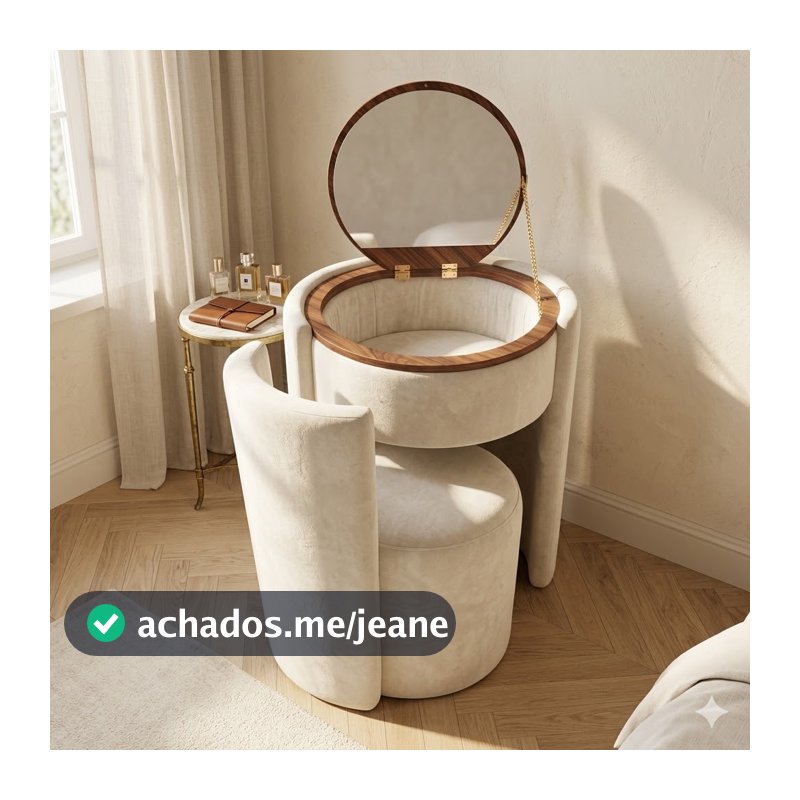 Puff Poltrona Penteadeira Luxo com Espelho e Organizador de Maquiagem – Banco Decorativo Moderno para Quarto e Closet