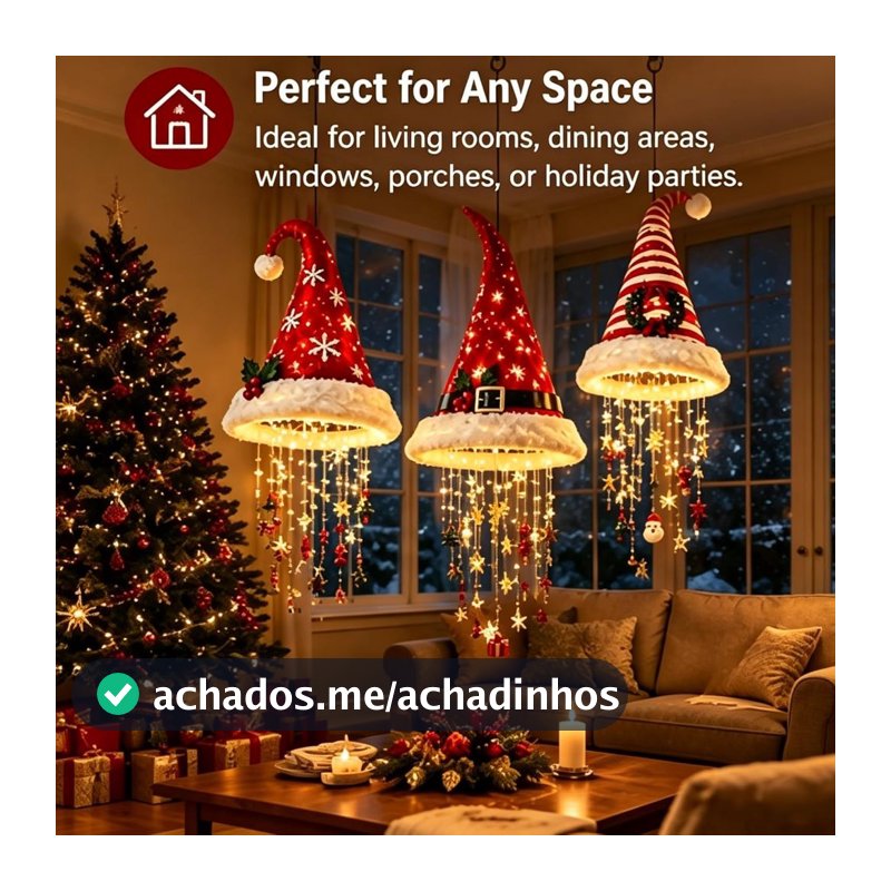 Luz de Natal pendente em forma de chapéu de Natal com enfeites.