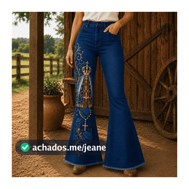 Calça Flare Jeans Estampa Nossa Senhora Flores.