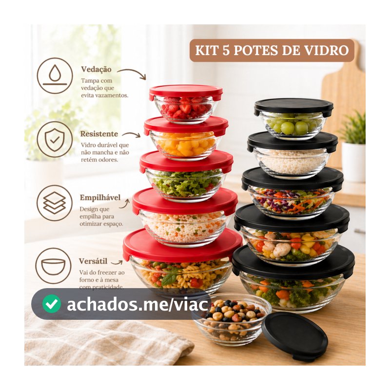 Kit 5 Potes de Vidro Hermético com Tampa Redondo Empilhável para Cozinha Marmitas Alimentos
