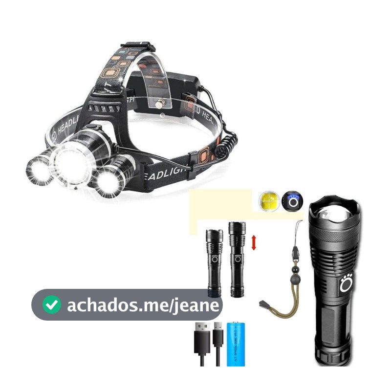 Kit Lanterna de cabeça e Lanterna tática T9 Recarregável Caça, Pesca, Camping