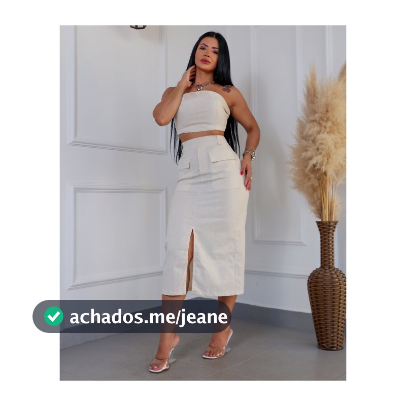 Conjunto Feminino Linho Saia Bolsos Frente e Cropped Top Linho de Amarrar