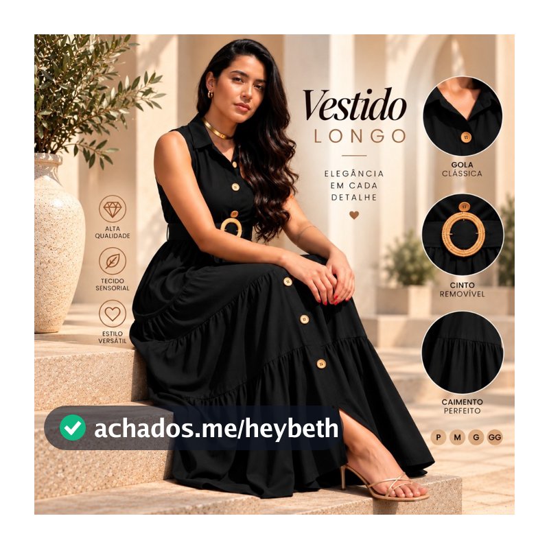 Vestido Longo Feminino Sensorial Marrant com Lastex Cinto e Botões Elegante