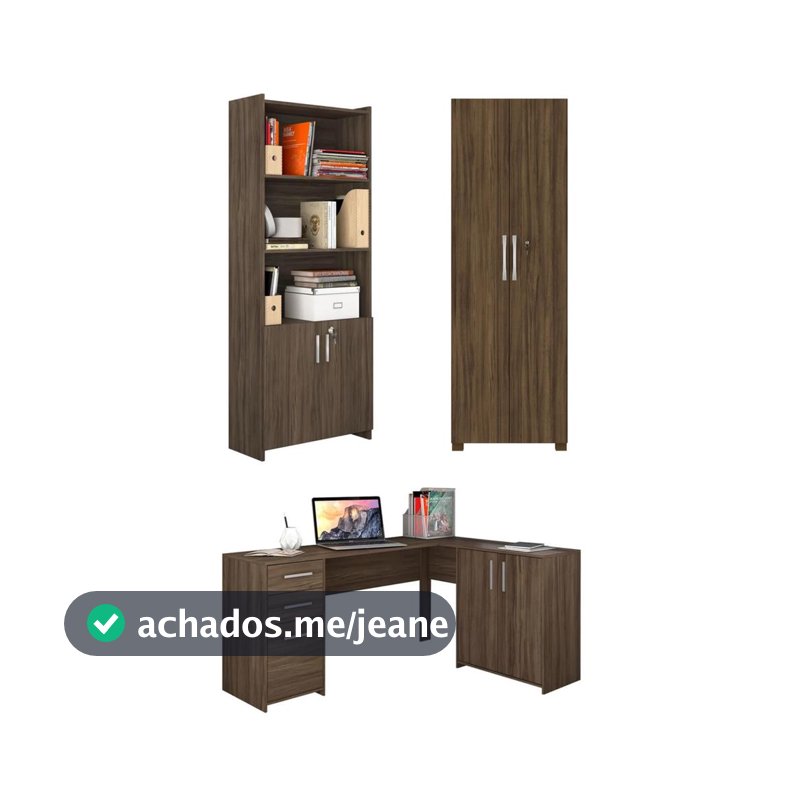 Conjunto Para Escritório 1 Mesa de Canto 2 Armários Altos Branco Notável Móveis