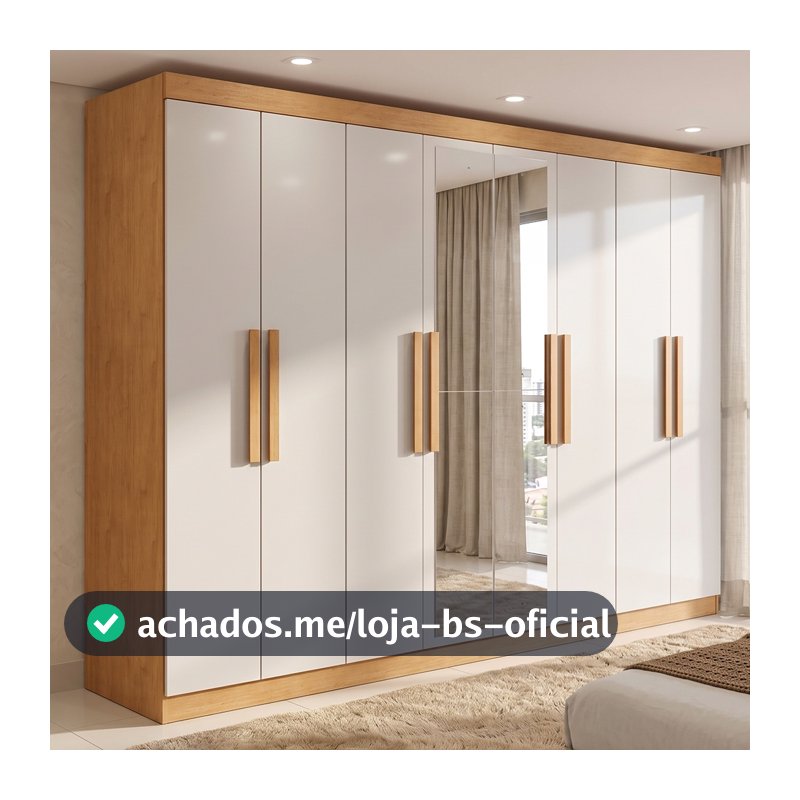 Guarda-roupa Casal Easy Slim 8 Portas Com Espelho Amendoa Clean/Off White
