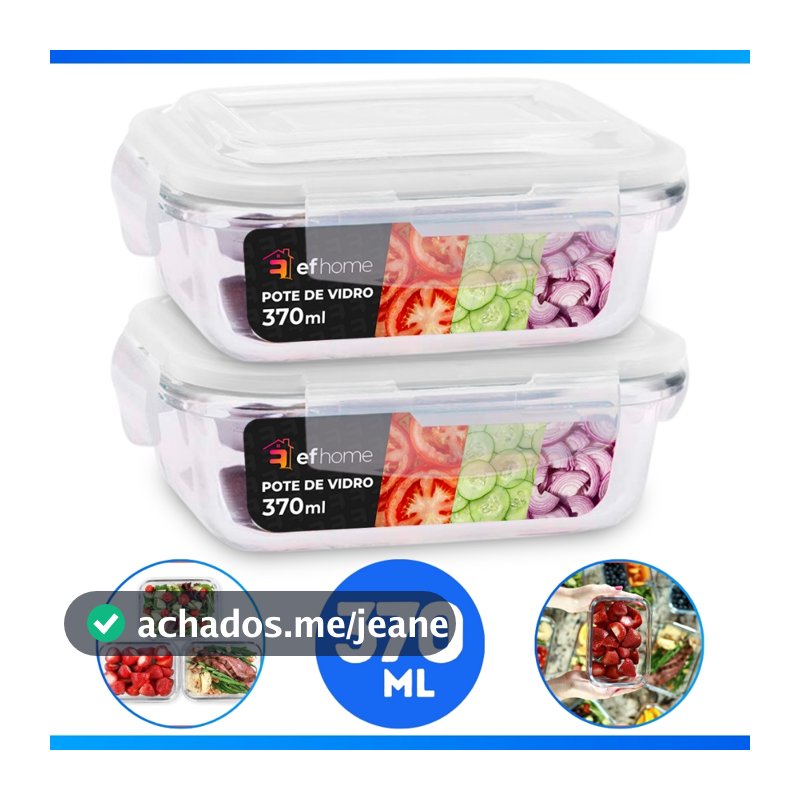Kit 2 Pote de Vidro Hermético Borossilicato 370ml Marmita Fitness Freezer Microondas