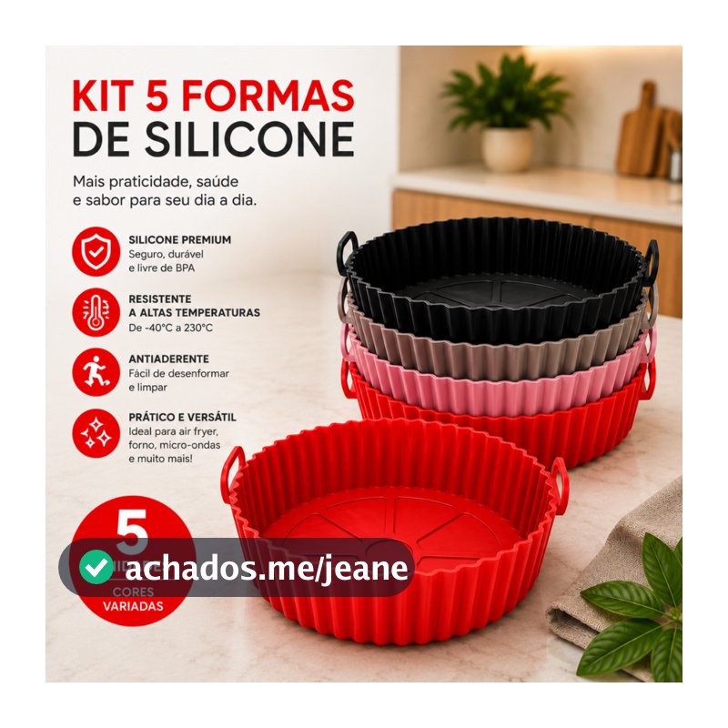 Kit 5 Formas de Silicone Air Fryer Forno Microondas Antiaderente Reutilizável Flexível com Alça