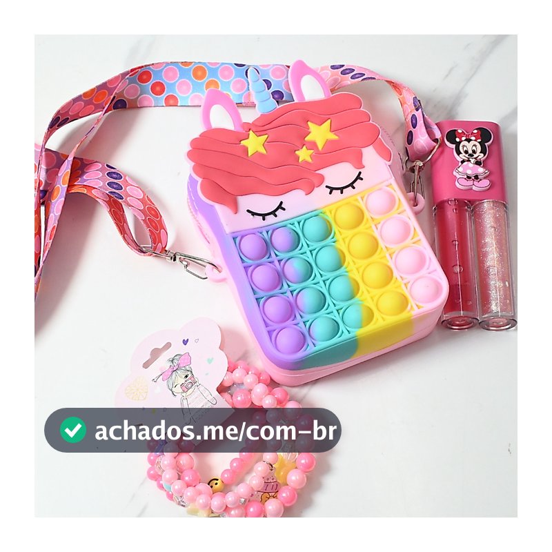 Kit Infantil Menina com Bolsa Porta-Moedas, Gloss 2 em 1 e 4 Pulseiras Core e Modelo Sortidas Presente Make Kids