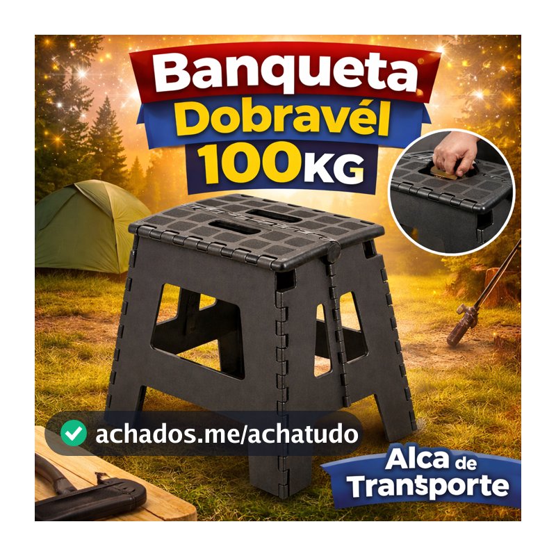 Banquinho Portátil Dobrável Banqueta Até 100kg Alça de Transporte PP Reforçado Portátil Casa Camping Pesca Banco