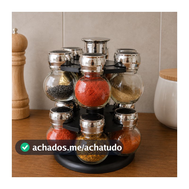 Conjunto 12 Porta Temperos de Vidro Poli Preto com Tampa Plástica Base Giratória Wolff para Cozinha Organização Prática