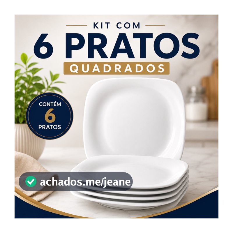 Conjunto 6 Pratos Quadrados Raso Branco Grande Premium Restaurante Mesa Posta Jantar 28cm Porcelana