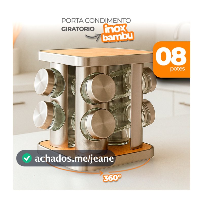 Porta Temperos Giratório Inox e Bambu com 8 Potes – Organizador 360° de Cozinha