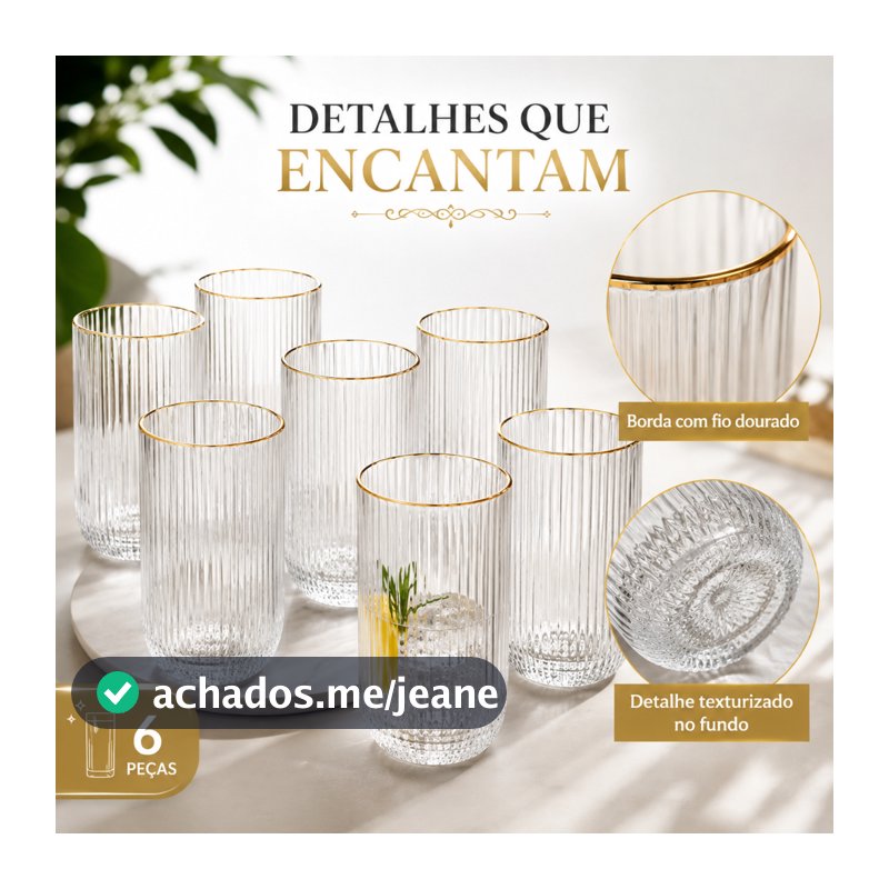 Kit 6 Copos de Vidro Versalhes Canelado 420ml Com e Sem Borda Dourada Água Suco Drink