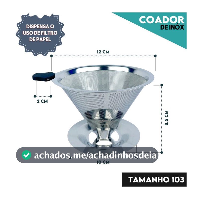 Filtro Coador De Café Inox 103 - Com Pegador em Silicone - Peneira Aço Reutilizável  - CH