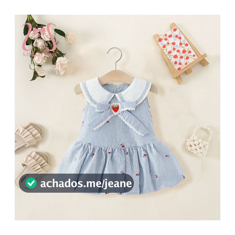 0-4 Anos De Idade Verão Recém-Nascido Listra Azul Traje Macio Adorável Bebê Menina Sem Mangas Roupas Doce Morango Crianç