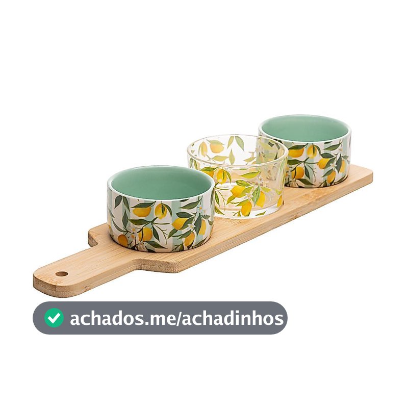Conjunto 4 Peças para Servir Siciliano Bambu Lyor com 3 Petisqueiras e Bandeja para Molhos Petiscos Mesas Posta Charmosa