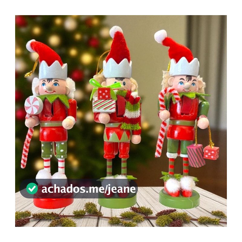 Kit Boneco Duendes de Madeira - Vermelho e Verde - 12cm - 3 unidades - Rizzo