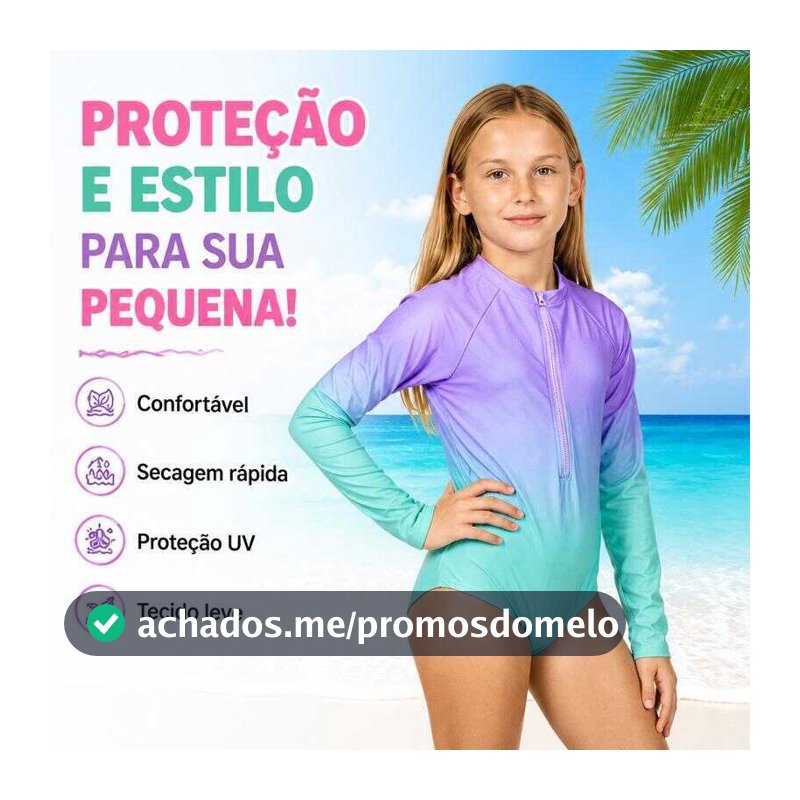 Rashguard Infantil Maiô de Uma Peça Manga Longa Zíper Frontal Proteção UV Degradê para Meninas Praia Piscina