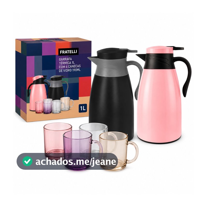 Garrafa Térmica 1Litro Preta ou Rosa com 4Canecas Vidro 190ML Reforçada Segura Temperatura Resistente