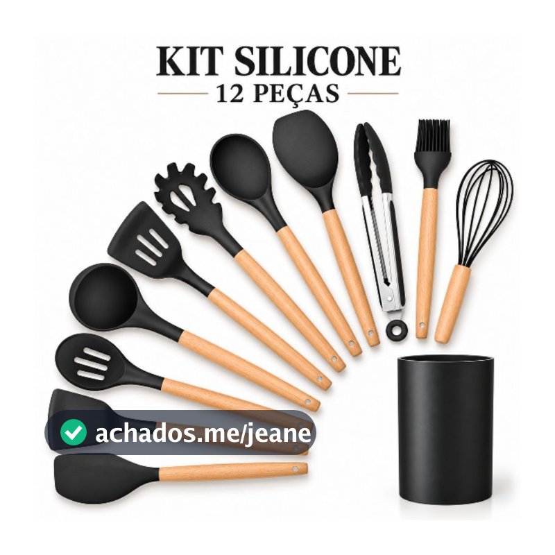 Kit Utensílios de Cozinha em Silicone 12 Peças com cabos de madeira e suporte