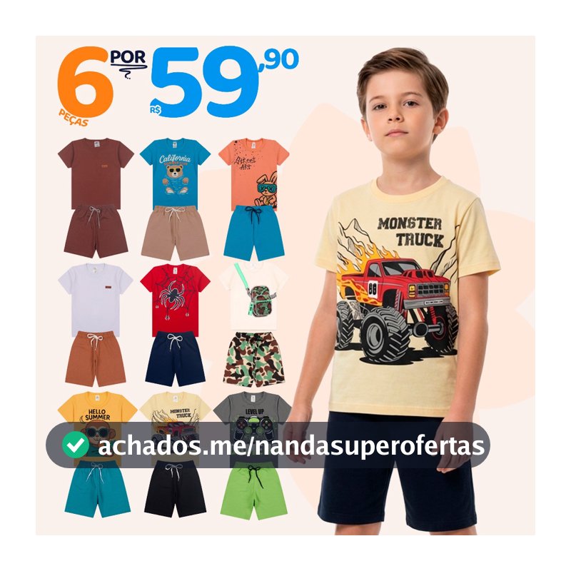 Kit Sortido 6 Peças de Roupas Infantil Menino 3 Camisetas + 3 Bermudas - Kit com 3 Conjuntos Infantil Verão Menino Bebê