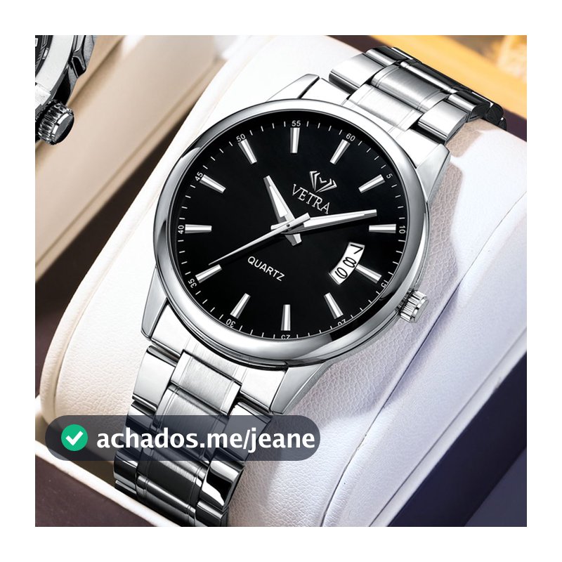 VETRA Relógio Masculino Original Relogio Luxo a Prova d Água Presente para Homem Aço Inoxidável Preto Prata 6115