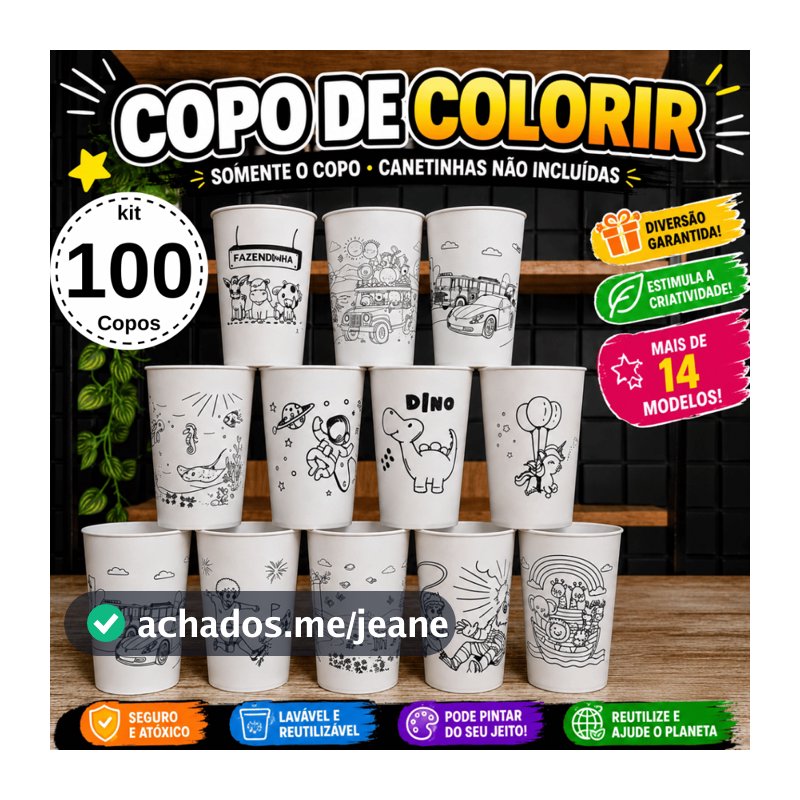 Copo Personalizado Para Lembrancinha de Aniversário Kit 100 Copos de Colorir Para Festa de Crianças