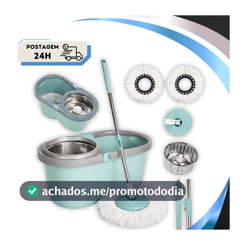 Mop Giratório Duo 360° Com Cesto Inox Duas Águas, Regulável, Desmontável, Prático para Limpeza Rápida Profunda