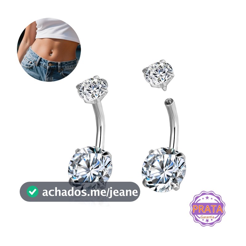 Piercing Umbigo Banana Pequeno Prata 925 2 Pedras Zircônia Cravejada - Belly Piercing