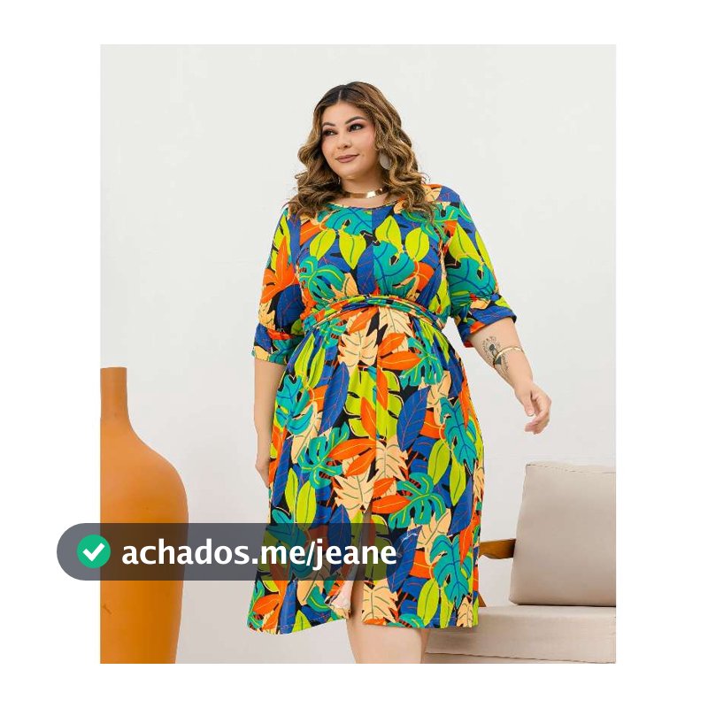 Vestido Feminino Midi Estampado Tropical Plus Size Manga 3/4 Soltinho Casual Evangélico Cintura Marcada Moda Verão