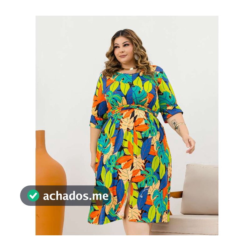 Vestido Feminino Midi Estampado Tropical Plus Size Manga 3/4 Soltinho Casual Evangélico Cintura Marcada Moda Verão