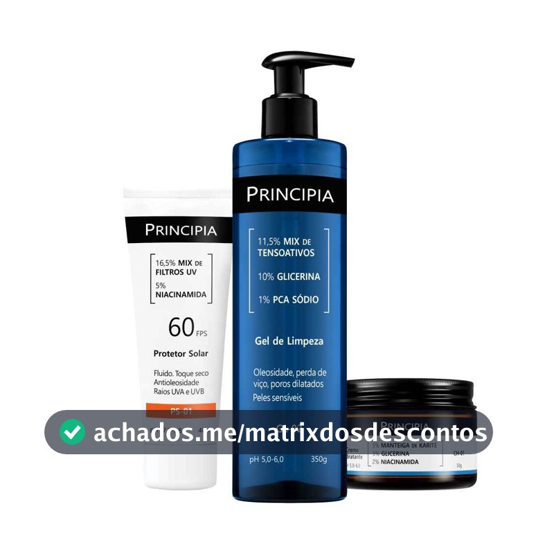 Principia Kit Completo Peles Sensíveis c/ Gel de Limpeza GL-02 + Creme Hidratante CH-01 + Protetor Solar PS-01 FPS 60