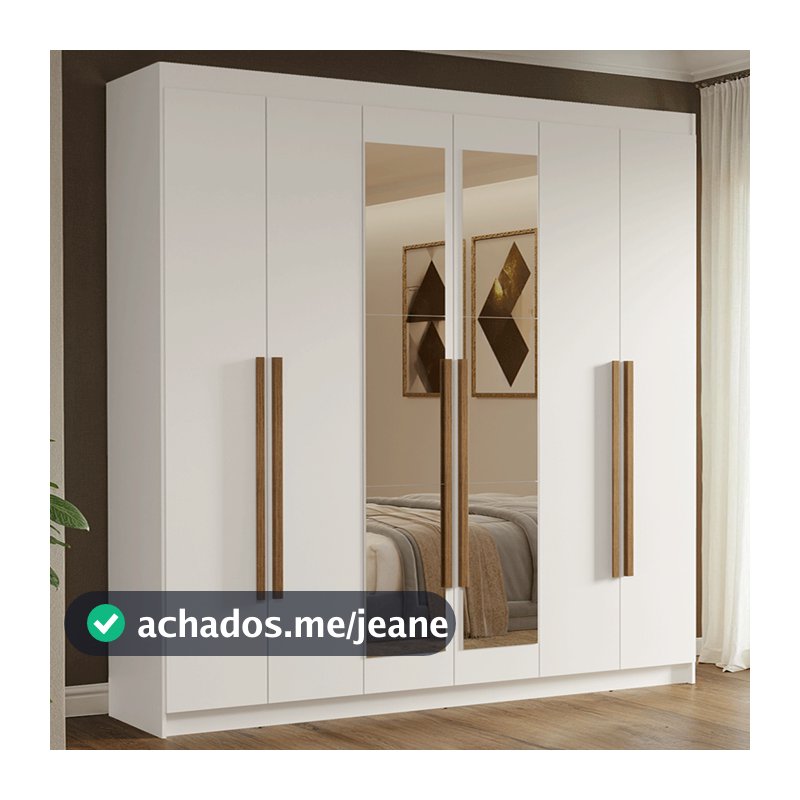Guarda-Roupa Casal 6 Portas Batentes com Espelho Branco/Branco/Rustic Venus Madesa