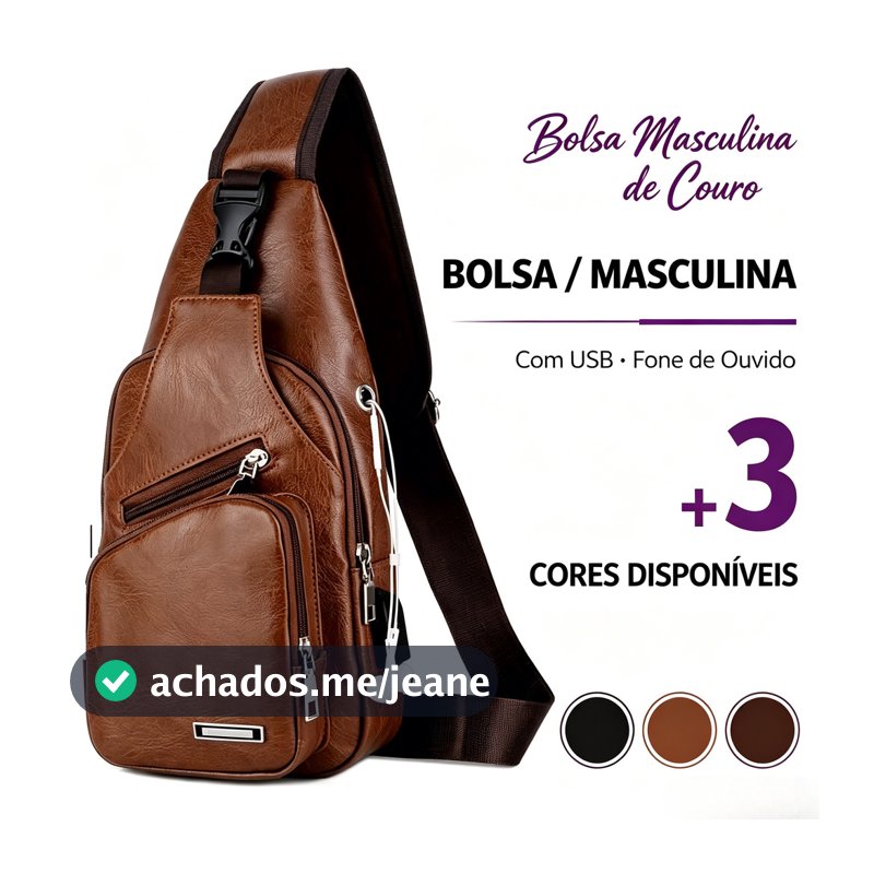 Bolsa de couro casual e estilosa para homens com porta USB e entrada para fones de ouvido.