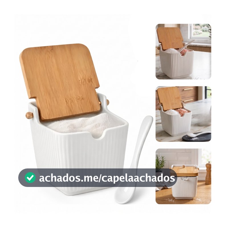 Saleiro De Porcelana Branco Com Colher Tampa Em Bambu 300ml Premium Liso Ou Canelado