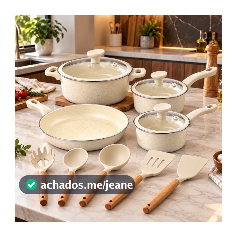 Jogo de Panelas Genebra 12 peças Kit Cerâmica antiaderente com talheres