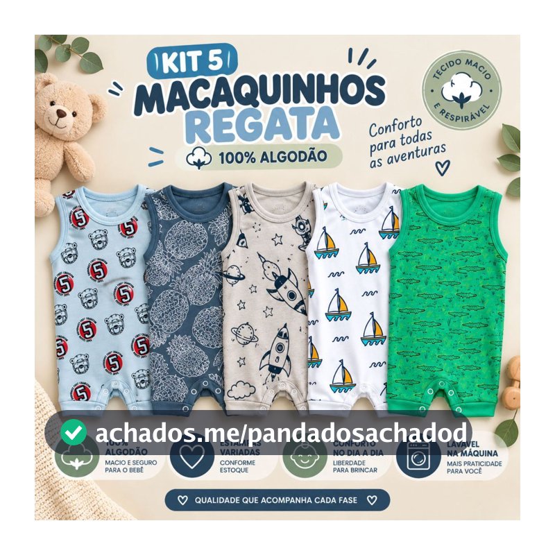 Kit 5 Macaquinhos Bebê Regata 100% Algodão Menino Verão Confortável Estampados P ao 3