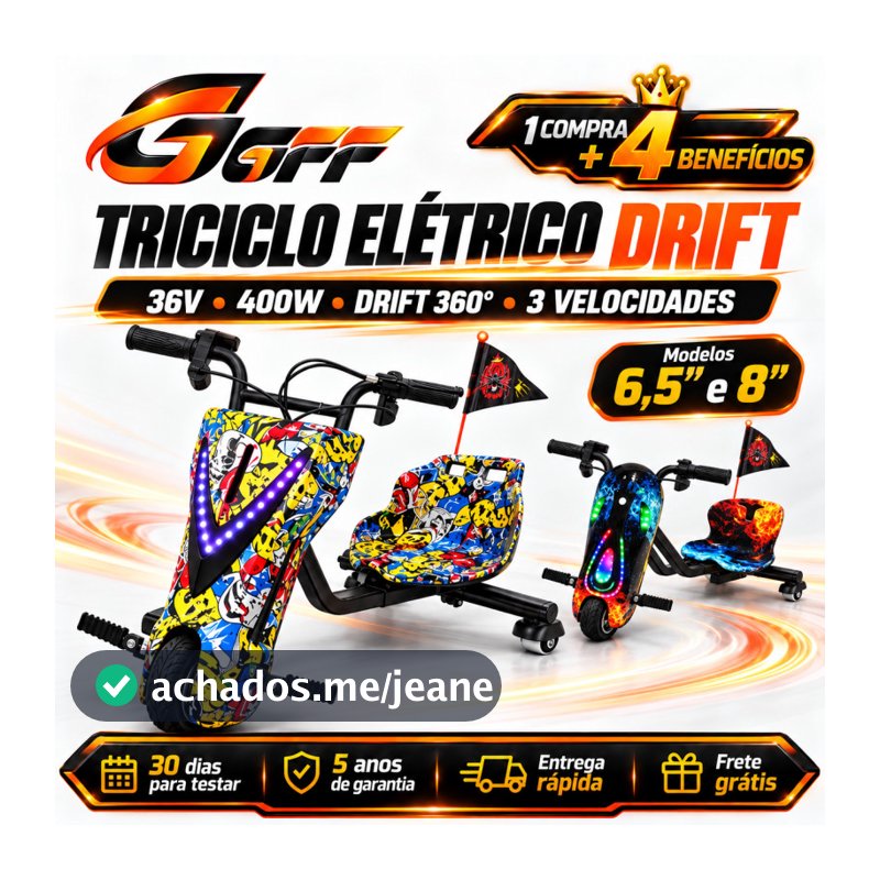 Triciclo Elétrico Drift Infantil 36V 3 Velocidades 6,5” ou 8” com LED e Drift 360°