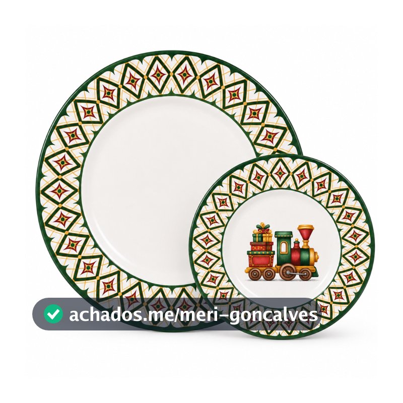Prato Natalino Alleanza Cerâmica Raso e Sobremesa Kit 2 Peças Para Decoração de Natal Mesa Posta Festas Final De Ano