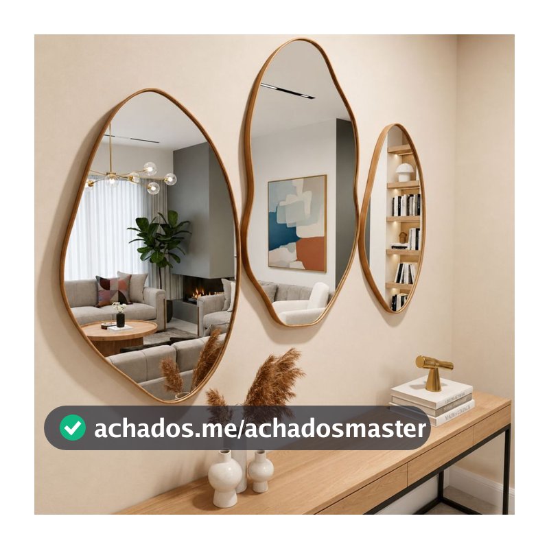 Kit 3 Espelhos Orgânicos Decorativos Parede 60x40 e 70x50 Moldura Couro Reforçado + Suporte Sala Quarto Banheiro