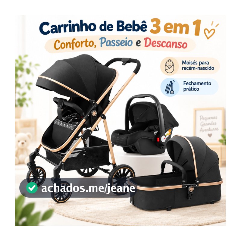 Carrinho de Bebê Luxo 3 em 1 Moisés Bebê Conforto Passeio Reversível com Amortecedor