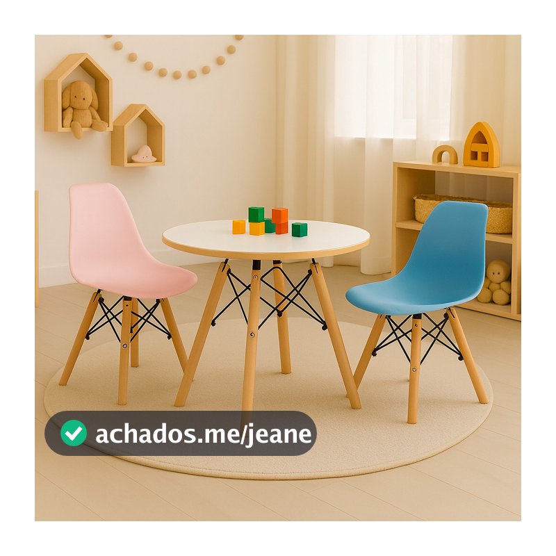 Conjunto Mesa Eames Infantil 60cm com 2 Cadeiras para Brinquedoteca e Quarto Infantil
